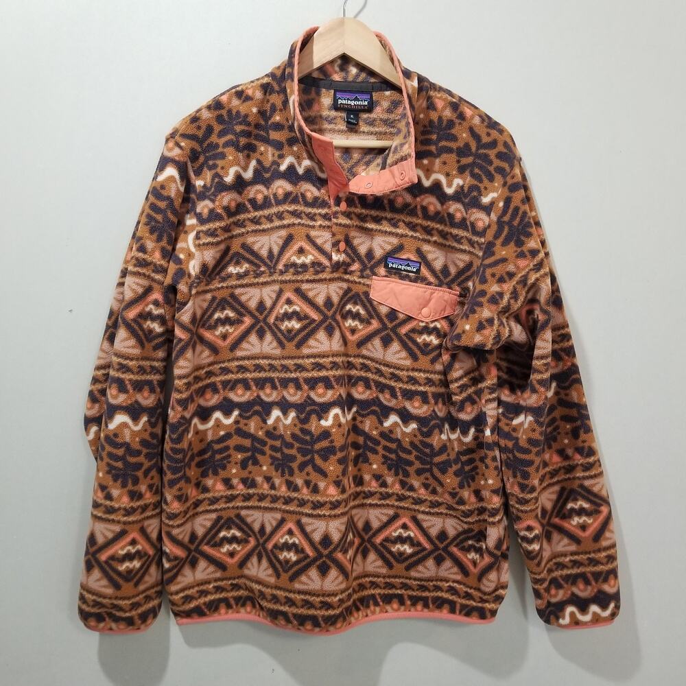 Patagonia Synchilla Womens XL Snap T Mangrove Henna Brown Aztec Tribal Fleece - Picture 11 of 11